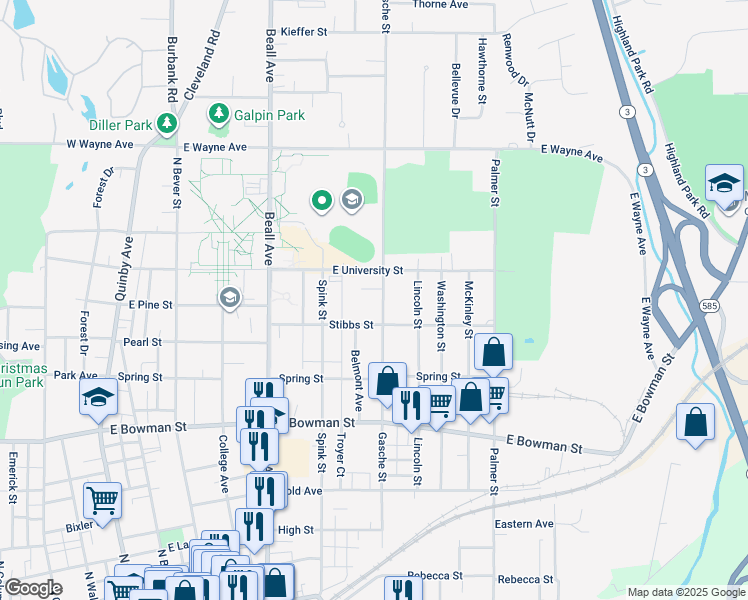map of restaurants, bars, coffee shops, grocery stores, and more near 936 Gasche Street in Wooster