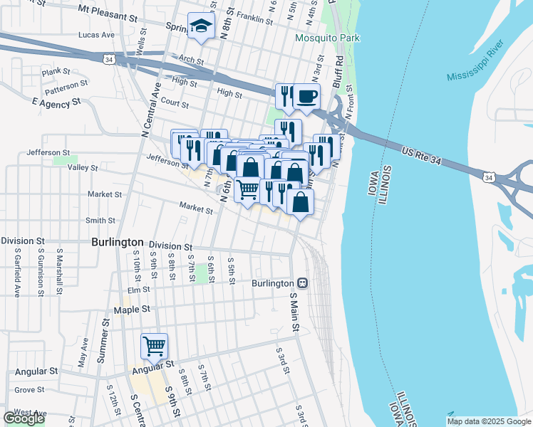 map of restaurants, bars, coffee shops, grocery stores, and more near 100-122 North 4th Street in Burlington