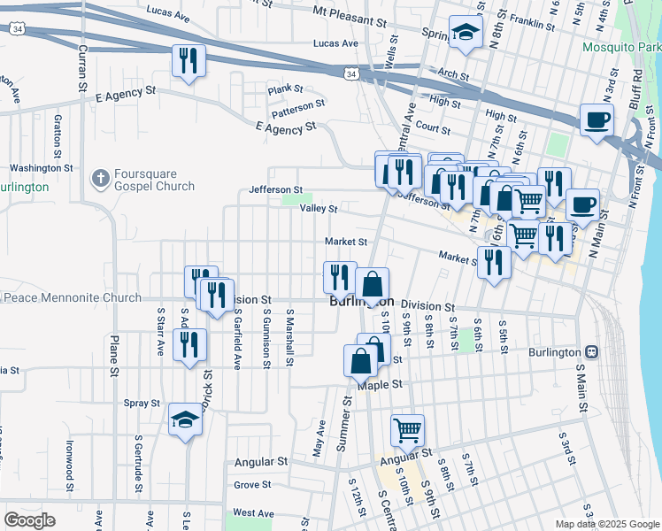 map of restaurants, bars, coffee shops, grocery stores, and more near 119 Marietta St in Burlington