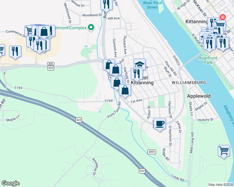 map of restaurants, bars, coffee shops, grocery stores, and more near 321 Butler Road in Kittanning