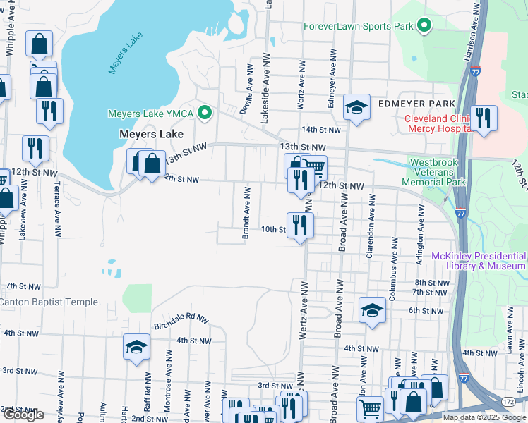 map of restaurants, bars, coffee shops, grocery stores, and more near 1102 Oak Avenue Northwest in Canton