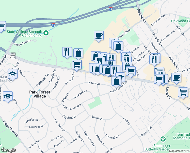 map of restaurants, bars, coffee shops, grocery stores, and more near 2030 North Atherton Street in State College