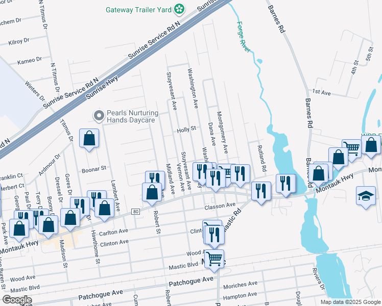 map of restaurants, bars, coffee shops, grocery stores, and more near 38 Broadway in Mastic