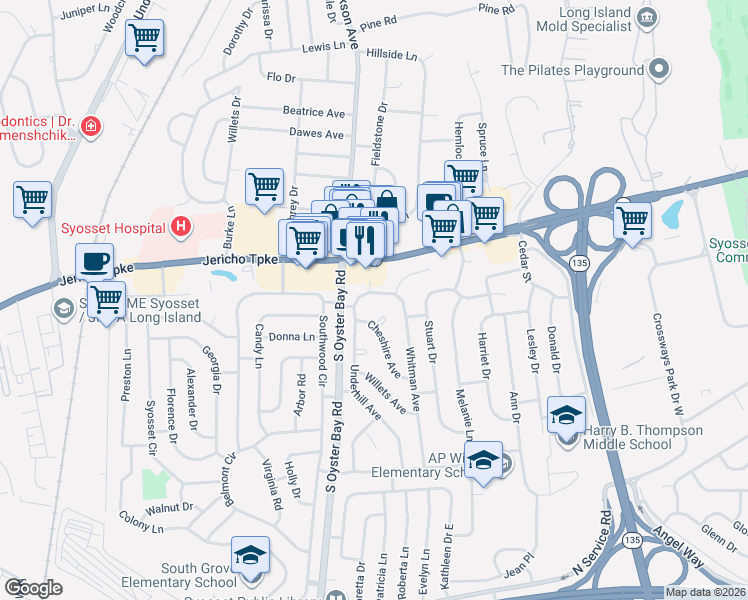map of restaurants, bars, coffee shops, grocery stores, and more near 12 Jarvis Avenue in Syosset
