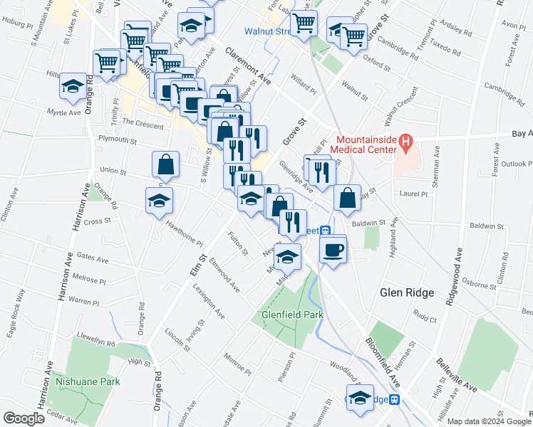 map of restaurants, bars, coffee shops, grocery stores, and more near 194 Bloomfield Avenue in Montclair