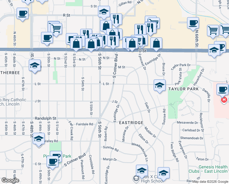 map of restaurants, bars, coffee shops, grocery stores, and more near 444 South Cotner Boulevard in Lincoln