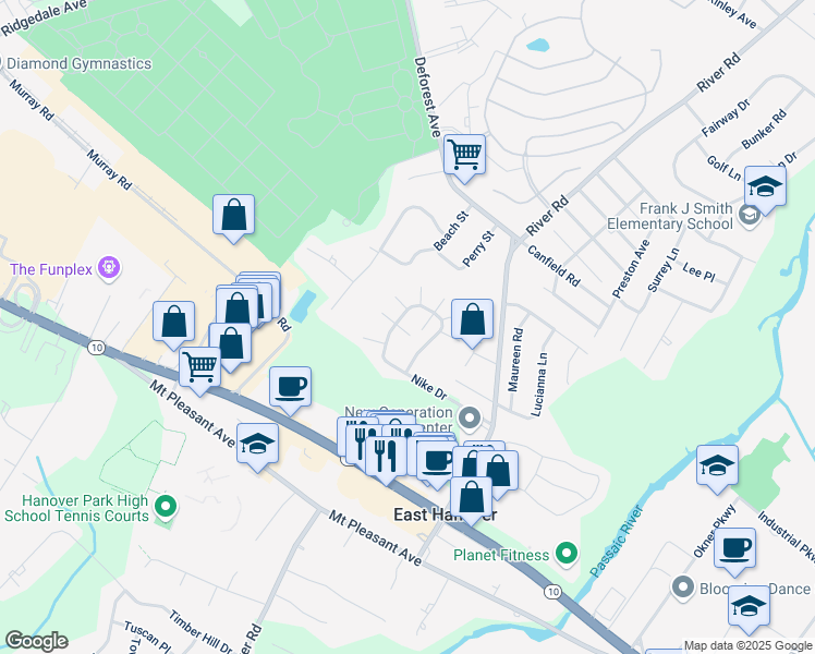 map of restaurants, bars, coffee shops, grocery stores, and more near 22 Frankie Lane in East Hanover