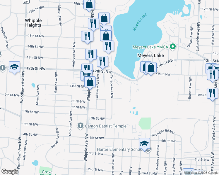 map of restaurants, bars, coffee shops, grocery stores, and more near 1101 Terrace Avenue Northwest in Canton