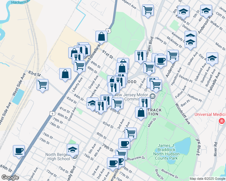 map of restaurants, bars, coffee shops, grocery stores, and more near 8705 John F. Kennedy Boulevard in North Bergen