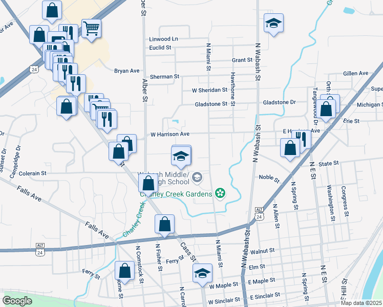 map of restaurants, bars, coffee shops, grocery stores, and more near 250 Half Street in Wabash