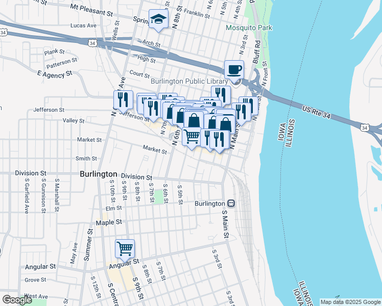 map of restaurants, bars, coffee shops, grocery stores, and more near 425 Valley Street in Burlington
