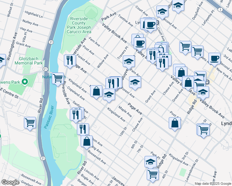 map of restaurants, bars, coffee shops, grocery stores, and more near 484 Stuyvesant Avenue in Lyndhurst
