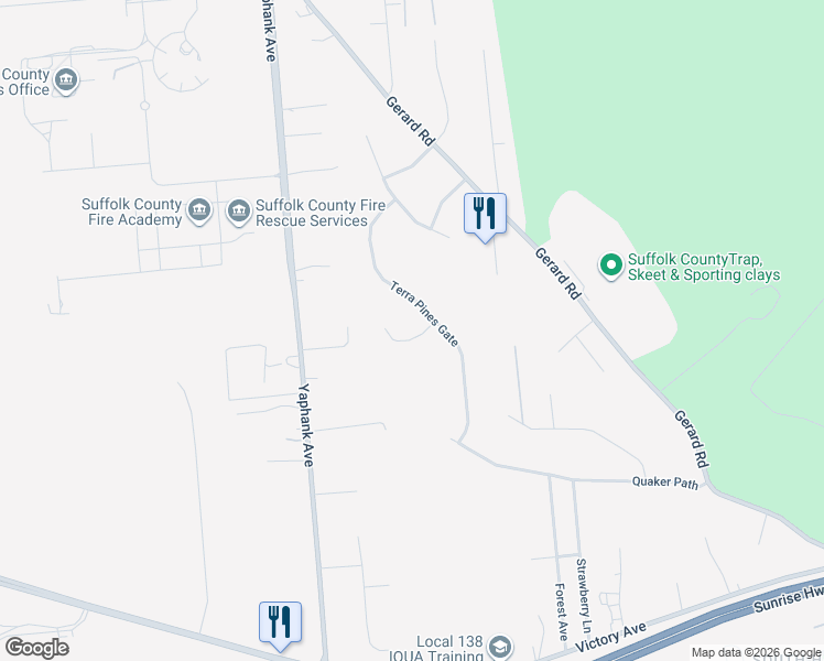 map of restaurants, bars, coffee shops, grocery stores, and more near 3 Kara Court in Yaphank