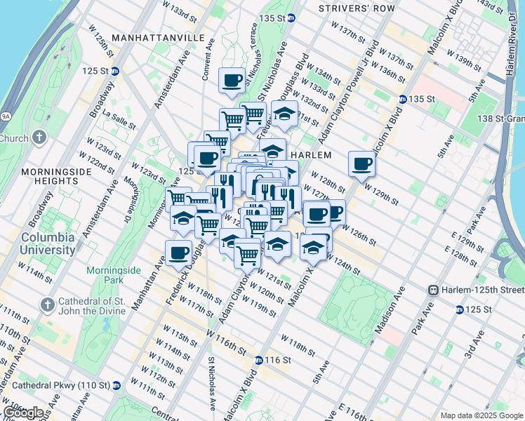 map of restaurants, bars, coffee shops, grocery stores, and more near 230 West 125th Street in New York