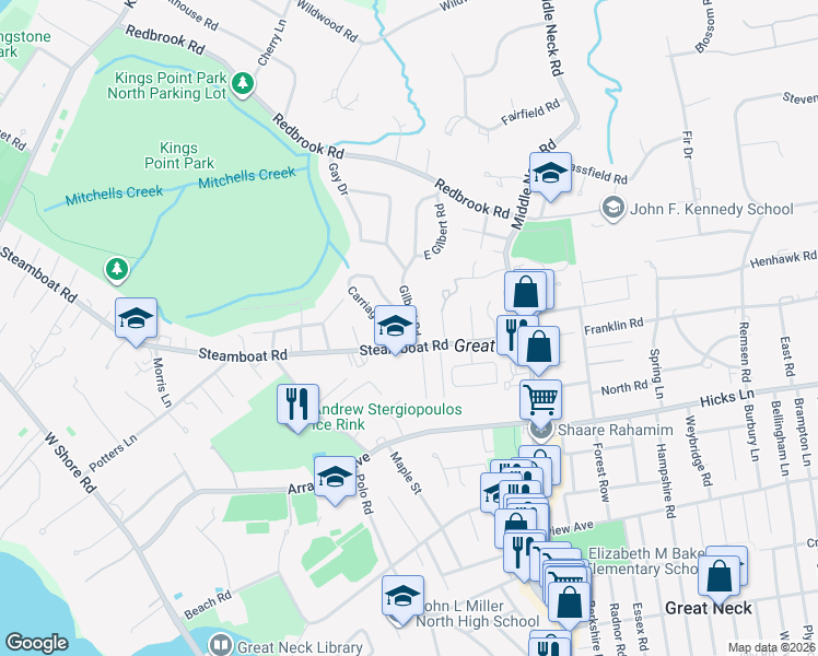 map of restaurants, bars, coffee shops, grocery stores, and more near 1 Carriage Rd in Great Neck