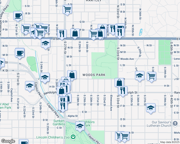 map of restaurants, bars, coffee shops, grocery stores, and more near 444 South 30th Street in Lincoln