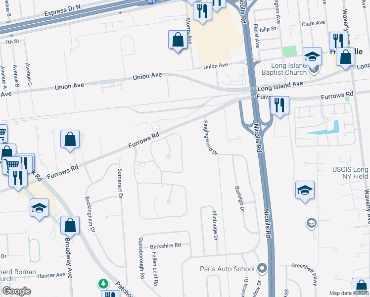 map of restaurants, bars, coffee shops, grocery stores, and more near 219 Fairfield Drive East in Holbrook