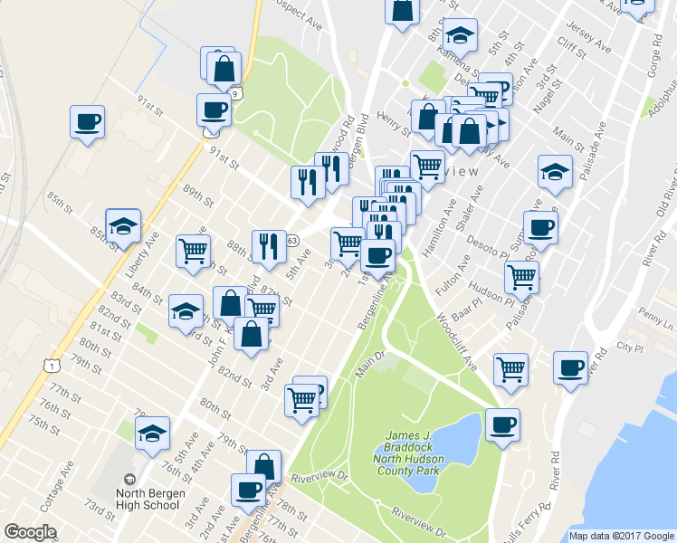 map of restaurants, bars, coffee shops, grocery stores, and more near 705 90th Street in North Bergen
