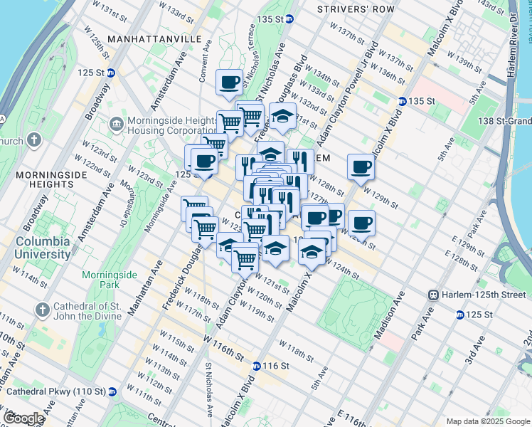 map of restaurants, bars, coffee shops, grocery stores, and more near 208 West 125th Street in New York