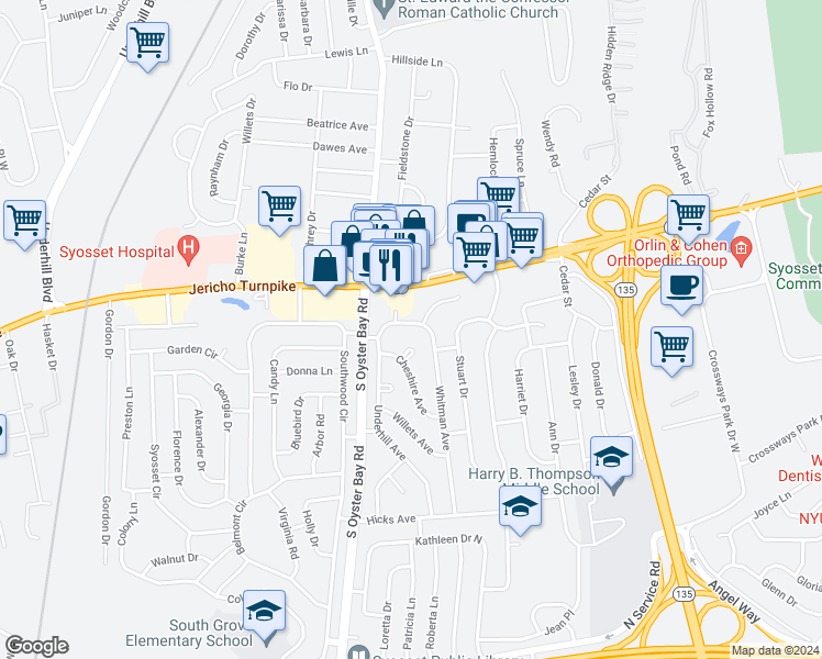 map of restaurants, bars, coffee shops, grocery stores, and more near 12 Jarvis Avenue in Syosset