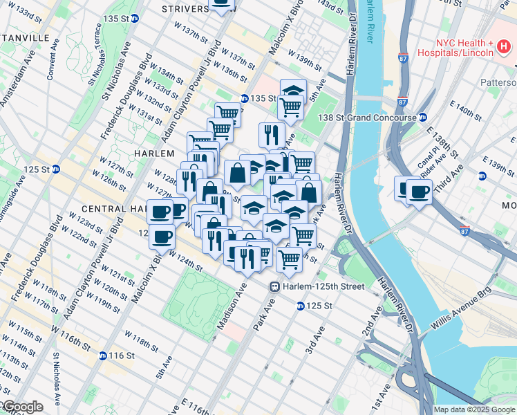 map of restaurants, bars, coffee shops, grocery stores, and more near 2101 5th Avenue in New York