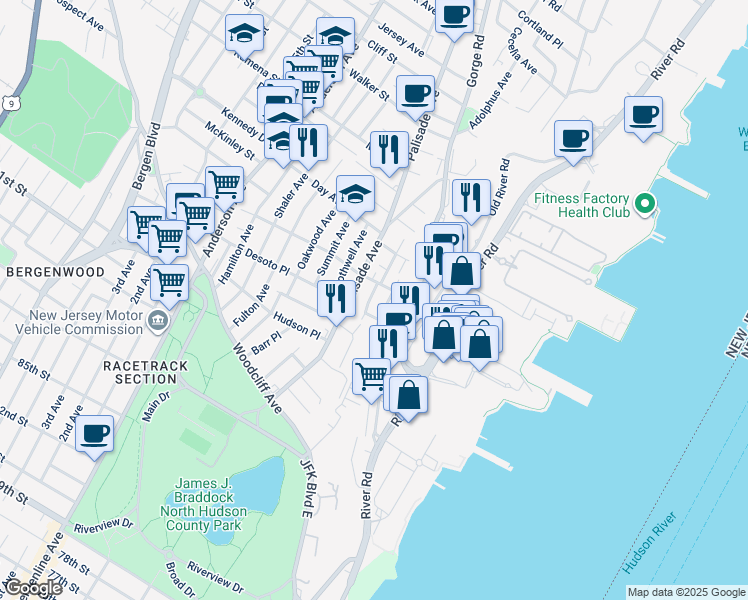 map of restaurants, bars, coffee shops, grocery stores, and more near 136 Cedar Street in Cliffside Park