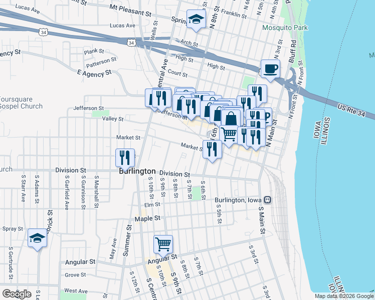 map of restaurants, bars, coffee shops, grocery stores, and more near 713 Market Street in Burlington