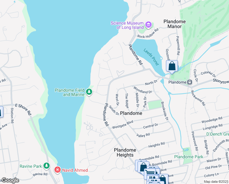 map of restaurants, bars, coffee shops, grocery stores, and more near 25 West Drive in Plandome