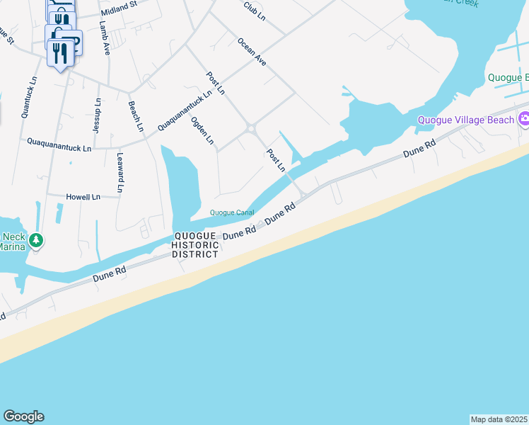 map of restaurants, bars, coffee shops, grocery stores, and more near 105 Dune Road in Westhampton Beach