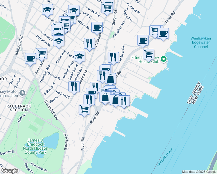 map of restaurants, bars, coffee shops, grocery stores, and more near 1011 Hudson Park in Edgewater