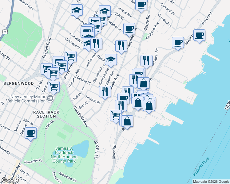 map of restaurants, bars, coffee shops, grocery stores, and more near 136 Cedar Street in Cliffside Park