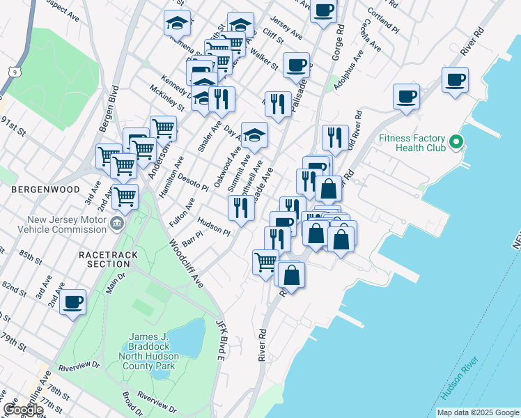 map of restaurants, bars, coffee shops, grocery stores, and more near 136 Cedar Street in Cliffside Park