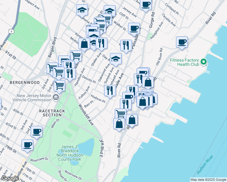 map of restaurants, bars, coffee shops, grocery stores, and more near 210 Desoto Place in Cliffside Park