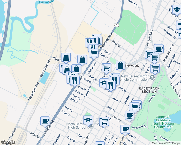 map of restaurants, bars, coffee shops, grocery stores, and more near 8419 Columbia Avenue in North Bergen