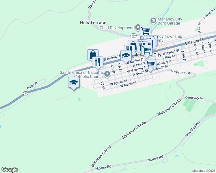 map of restaurants, bars, coffee shops, grocery stores, and more near 610 W Spruce St in Mahanoy City