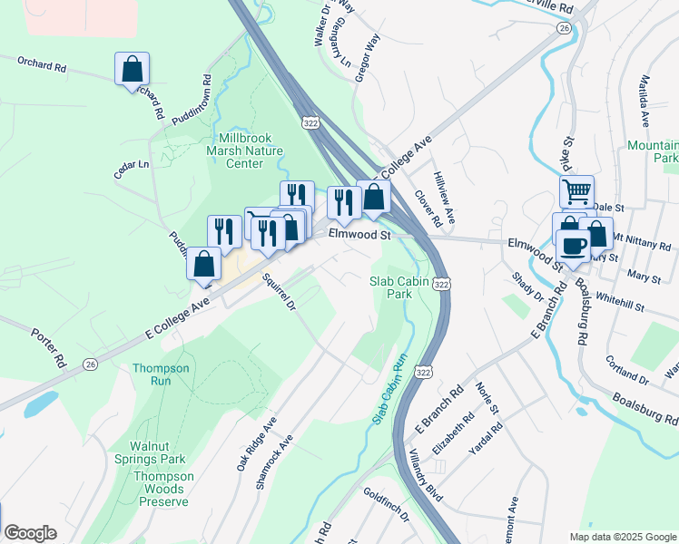 map of restaurants, bars, coffee shops, grocery stores, and more near 1322 Pennsylvania Avenue in State College