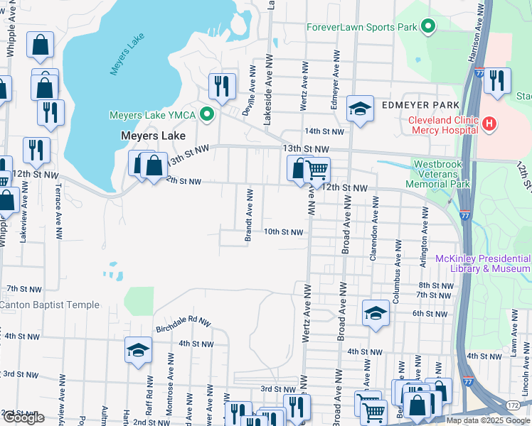 map of restaurants, bars, coffee shops, grocery stores, and more near 1102 Oak Avenue Northwest in Canton