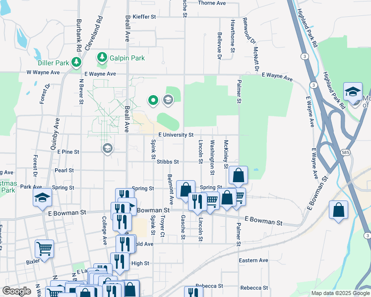 map of restaurants, bars, coffee shops, grocery stores, and more near 936 Gasche Street in Wooster