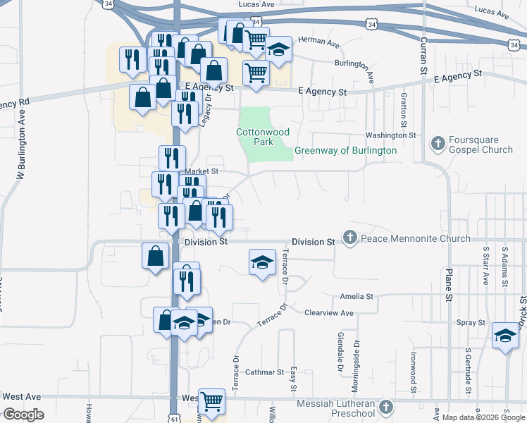 map of restaurants, bars, coffee shops, grocery stores, and more near 134 Cottonwood Court in Burlington