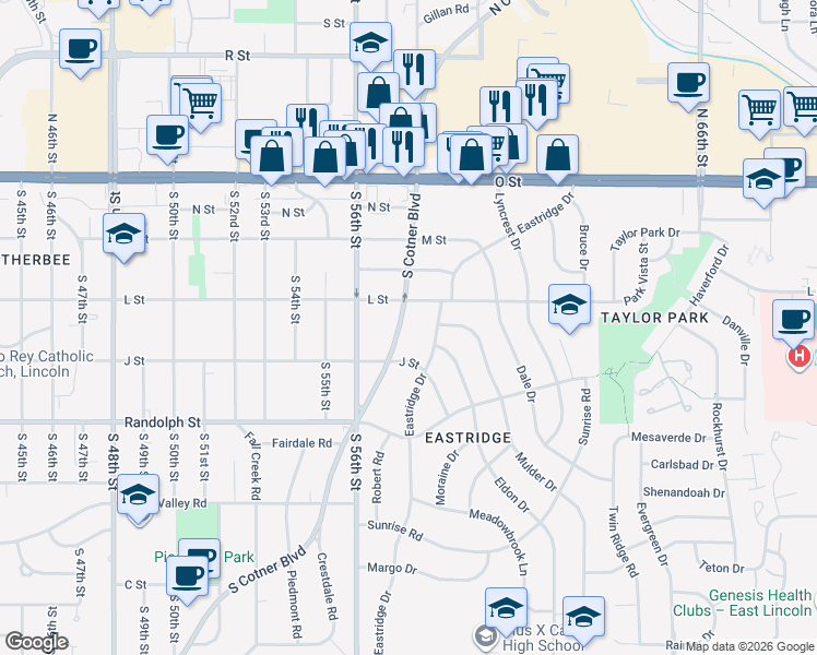 map of restaurants, bars, coffee shops, grocery stores, and more near 444 South Cotner Boulevard in Lincoln