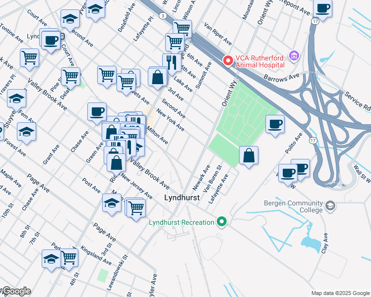 map of restaurants, bars, coffee shops, grocery stores, and more near 224 Mountain Way in Lyndhurst