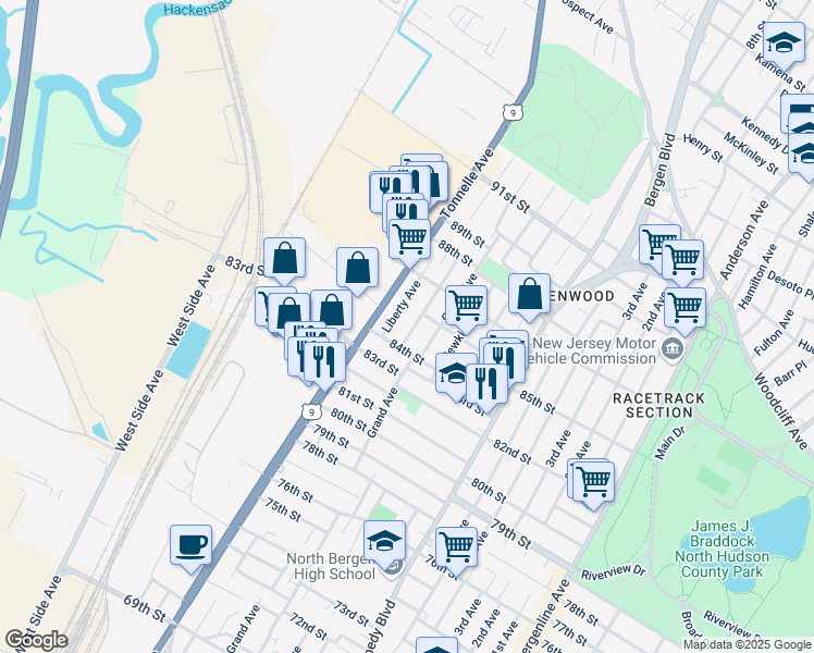 map of restaurants, bars, coffee shops, grocery stores, and more near 8419 Columbia Avenue in North Bergen