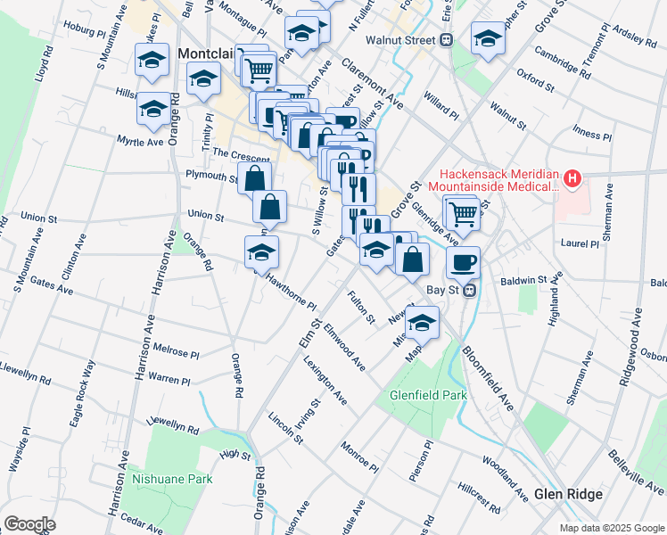 map of restaurants, bars, coffee shops, grocery stores, and more near 30 Gates Avenue in Montclair