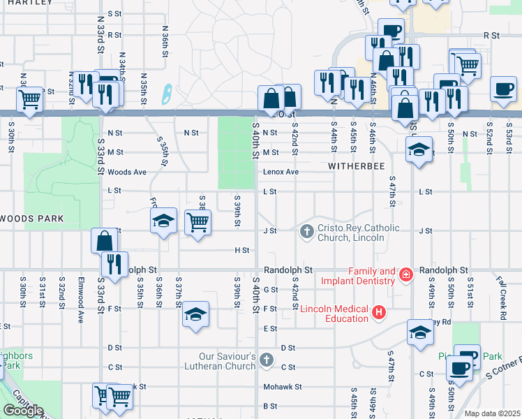 map of restaurants, bars, coffee shops, grocery stores, and more near 444 South 40th Street in Lincoln
