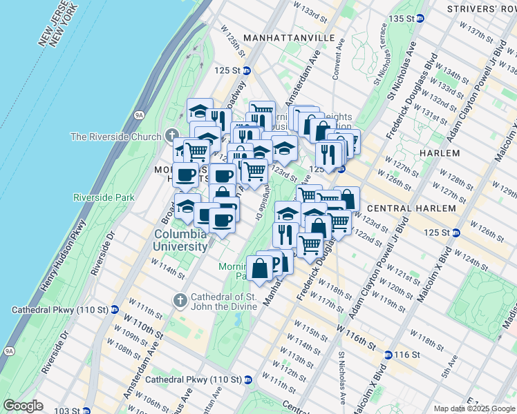 map of restaurants, bars, coffee shops, grocery stores, and more near 100 Morningside Drive in New York