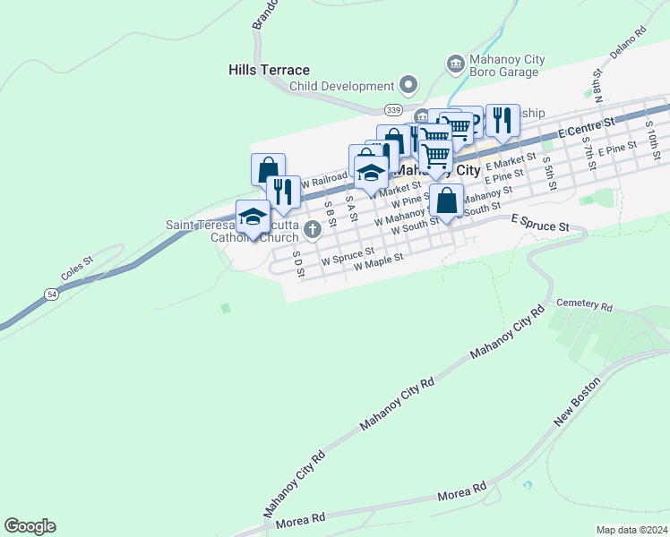 map of restaurants, bars, coffee shops, grocery stores, and more near 515 West Maple Street in Mahanoy City