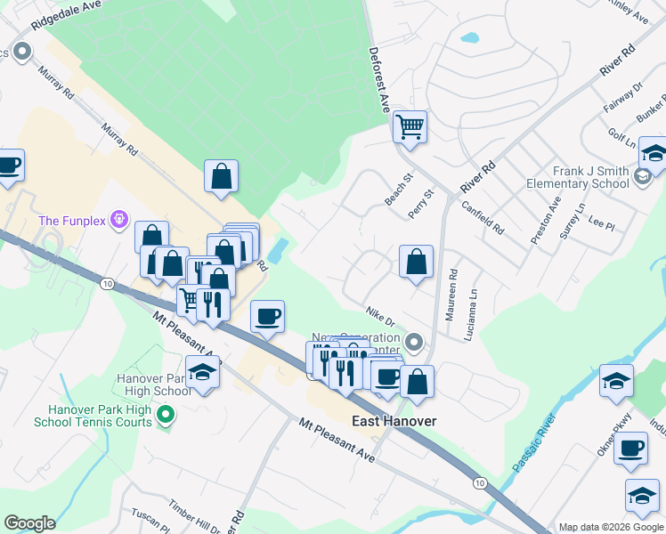 map of restaurants, bars, coffee shops, grocery stores, and more near 9 Katie Court in East Hanover