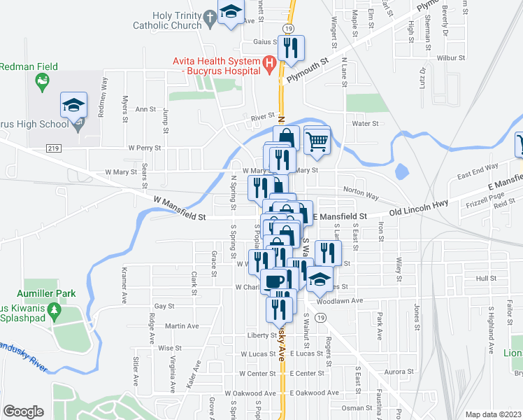map of restaurants, bars, coffee shops, grocery stores, and more near 144 Washington Square in Bucyrus