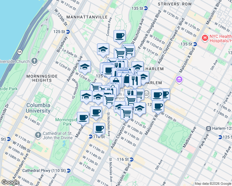 map of restaurants, bars, coffee shops, grocery stores, and more near 2296 Frederick Douglass Boulevard in New York
