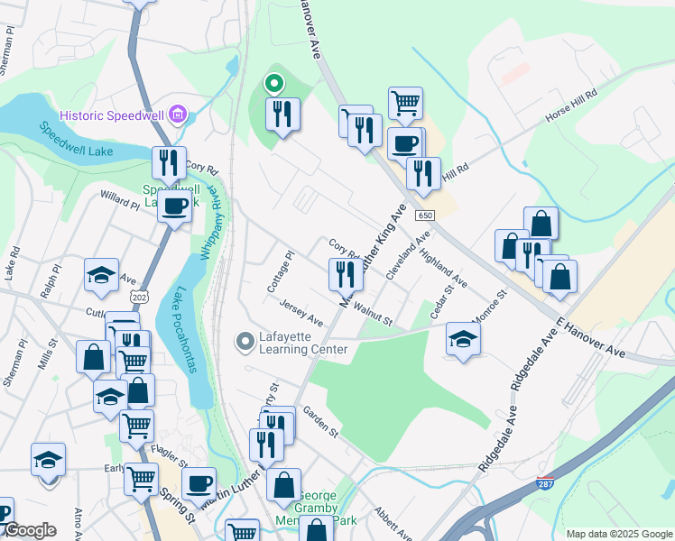 map of restaurants, bars, coffee shops, grocery stores, and more near 7 B Emmet Avenue in Morristown
